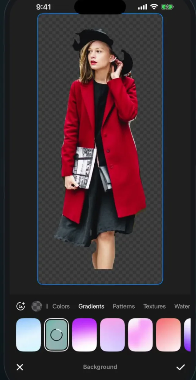 A woman in a red coat cut out onto a transparent checkerboard, with the Background strip below