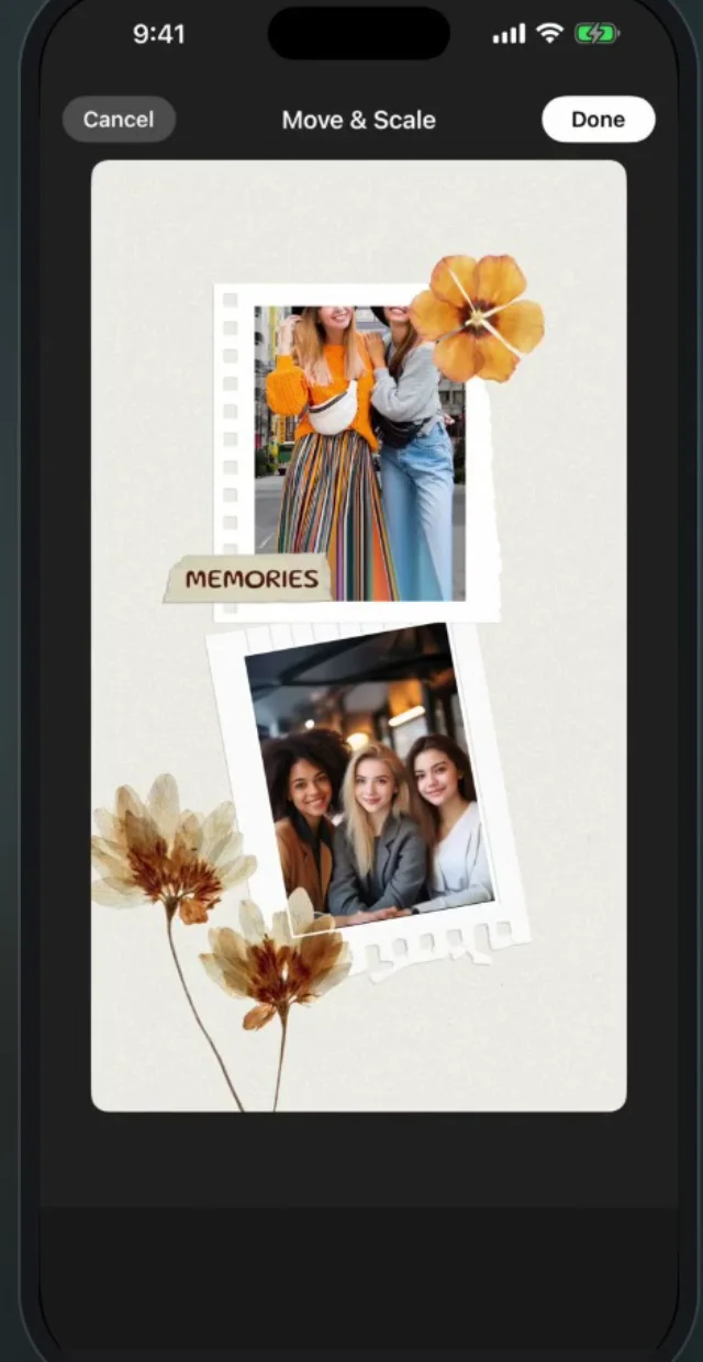 A scrapbook template with two photos placed and a Move & Scale toolbar